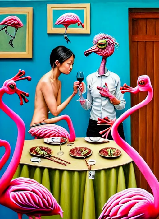 Image similar to hyper realistic detailed painting of a frog criminal family in japanese clothes in an old italian restaurant eating roasted flamingos and drinking neon blue wine by Bel Fullana, Tony Matelli, Rhys Lee, Storm Thorgerson, and Danny Fox, neo expressionism art, semi naive, rich deep colors. Allison Schulnik painting, part by Adrian Ghenie and Gottfried Helnwein. art by Ron Mueck. masterpiece