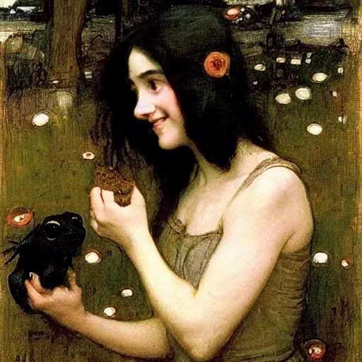 Image similar to black haired young woman holding a toad and smiling, john william waterhouse, soft lighting, romantic, love