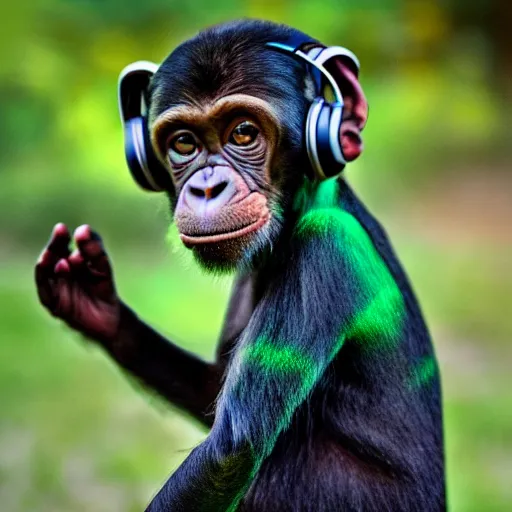 Image similar to a photo of a green chimp wearing headphones