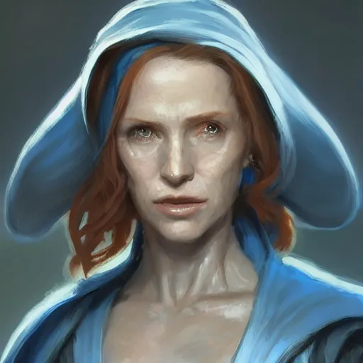 Image similar to portrait of a woman by Greg Rutkowski, old jedi Mara Jade from Star Wars Expanded Universe, she is about 60 years old, wearing blue and white robes, highly detailed portrait, digital painting, artstation, concept art, smooth, sharp foccus ilustration, Artstation HQ