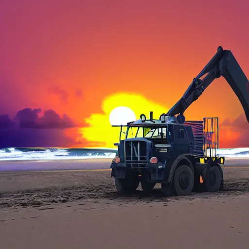 Prompt: a mining dump truck chilling on the beach, sunset, vaporwave