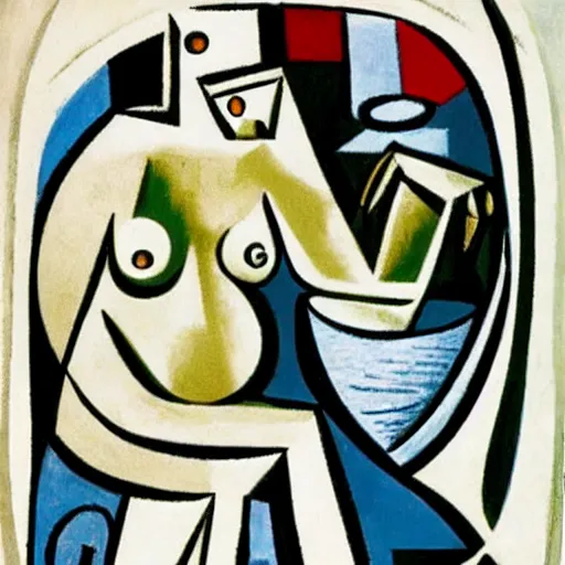 Prompt: a tiny diver diving into a huge glass filled with white wine by pablo picasso