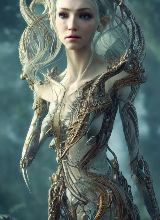 Prompt: stunning biomechanical impish elven incredible hair, masterpiece crystalline incrustations, hyperdetailed face, elegant pose, movie still, intricate, octane render, cinematic lighting, cgsociety, unreal engine,