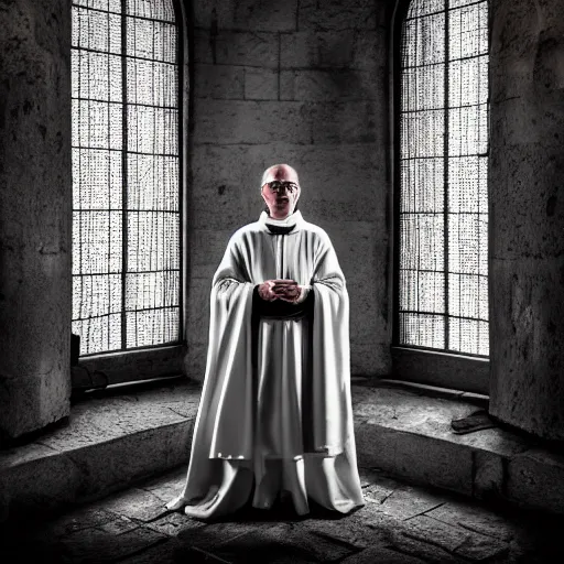 Prompt: stunning beautiful portrait photography of medieval sacred priest from national geographic award winning, dramatic lighting, taken with canon 5d mk4, sigma art lens, medium-shot