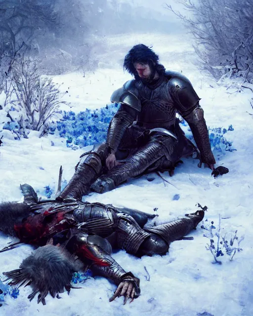 Prompt: Highly realistic oil painting of a wounded knight lying in the snow and surrounded by blue flowers, blood on flowers, by greg rutkowski, highly detailed, cinematic lighting, moody, dark