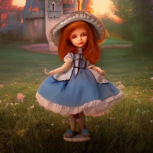 Image similar to beautiful alice full body doll figurine infront of castle, alice in wonderland theme, disney inspired, octane render, 8 k, ultra realistic, hd, cinematic lighting, fantasy landscape, artstation