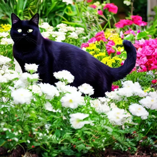 Prompt: photograph of a fat black cat with white whiskers sitting in a flower bed