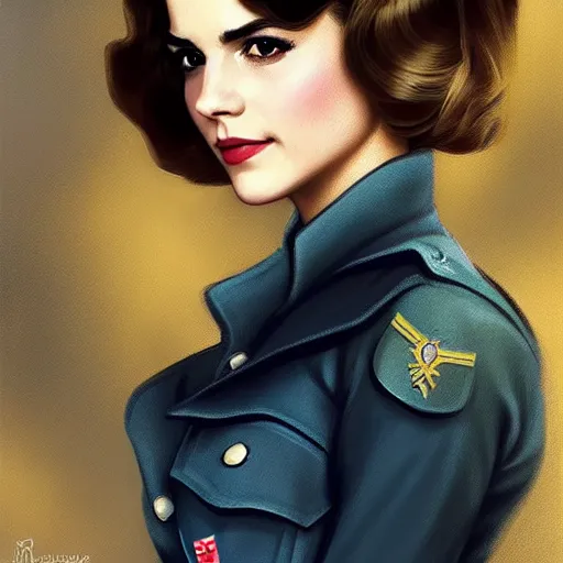 Prompt: A combination of Victoria Justice's and Grace Kelly's and Emma Watson's appearances as a WW2 soldier, full body portrait, western, D&D, fantasy, intricate, elegant, highly detailed, digital painting, artstation, concept art, matte, sharp focus, illustration, art by Artgerm and Greg Rutkowski and Alphonse Mucha