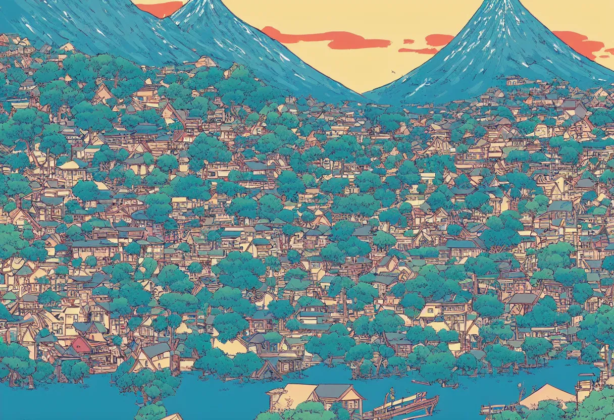 Prompt: a colorful and beautiful painting, a japanese town and mountians, by Laurie Greasley, artstation, Studio Ghibli color scheme