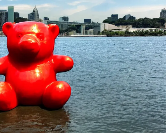 Image similar to a giant sculpture of a giant gummy bear on the water, award winning, hyper - realistic, very detailed, realistic water, ray tracing, 8 k resolution, long - shot, sharp focus, low angle, 8 5 mm photograph, wide lens