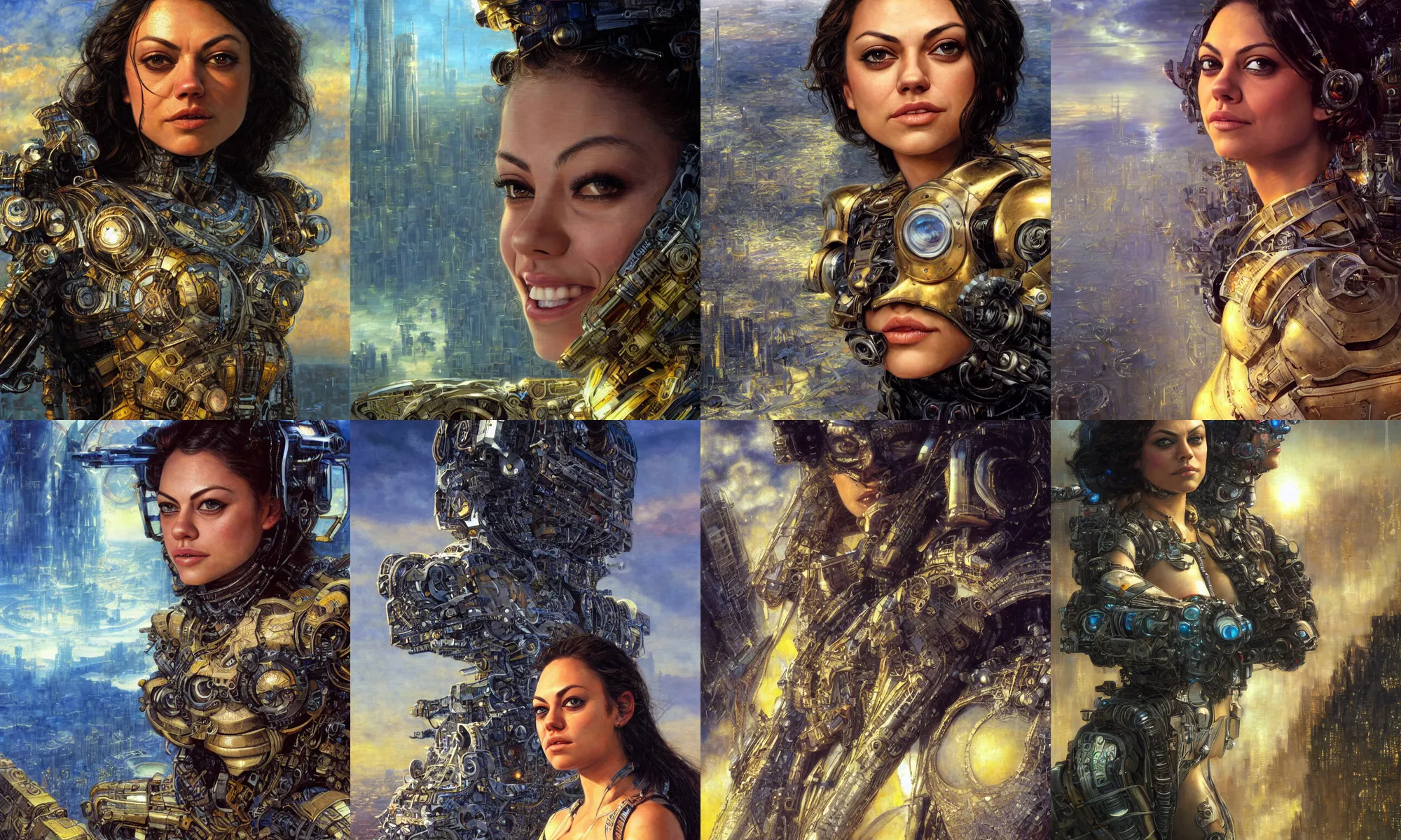 Image similar to close - up portrait of epic young mila kunis smiling into camera, intricate cyborg armor, vista of futuristic city, windy, golden hour, wlop, by gerald brom, by mikhail vrubel, by peter elson, muted colors, extreme detail, trending on artstation