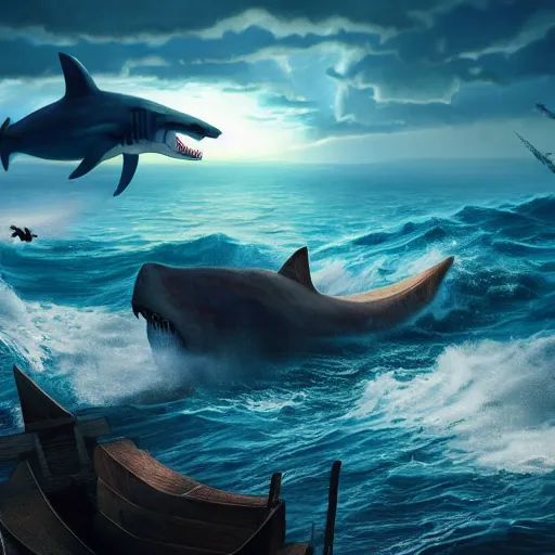 Prompt: megalodon attacking Noah's ark, hyper realistic, artstation, 8k, octane render,