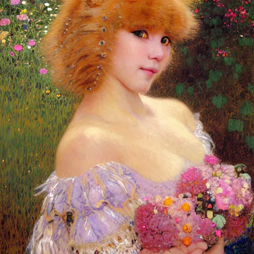 Image similar to portrait of a furry fluffy female tabby cat in a cute floral dress. 1 9 th century furaffiniy fantasy highly detailed painting by gaston bussiere craig mullins jc leyendecker gustav klimt artgerm greg rutkowski john berkey, bergey, craig mullins, ruan jia, raymond swanland, jeremy mann, tom lovell, alex malveda