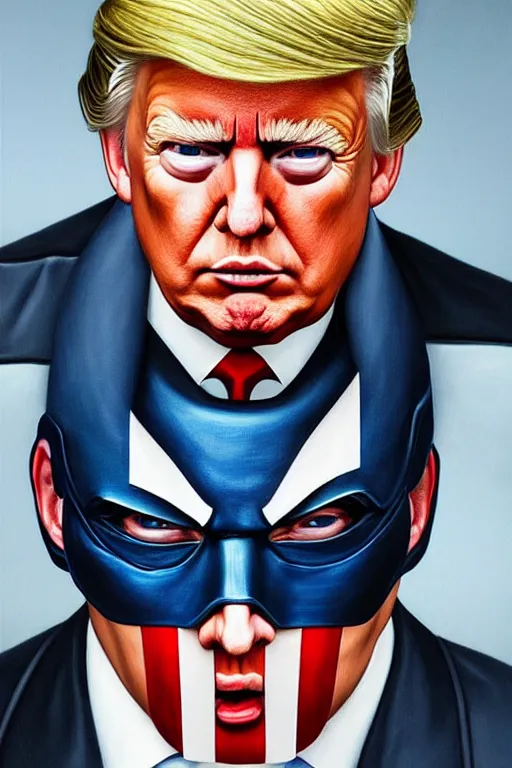 Image similar to hyperrealistic painting of Donald Trump as Captain America, D&D, fantasy, photorealism, accurate depiction, intricate, elegant, highly detailed, digital painting, post processing, extremely detailed, face symmetry, artstation, concept art, matte, smooth, sharp focus, illustration, art by Artgerm and Greg Rutkowski and Alphonse Mucha, oil painting, 8k