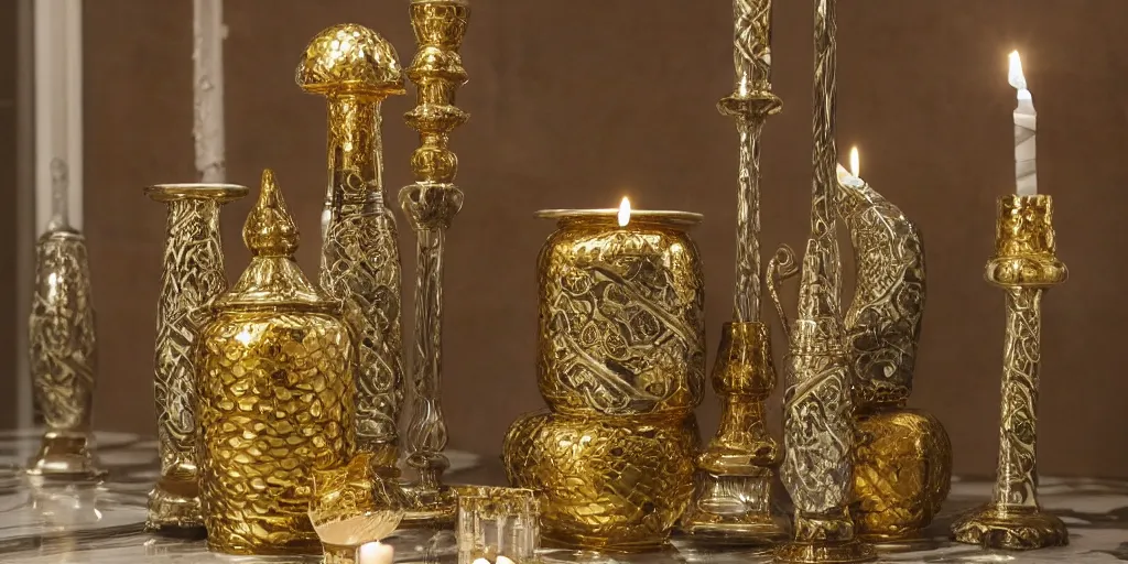 Image similar to snake with gold and silver pattern on a marble floor, candles and intricate candlesticks, by Andres Rios, H 576