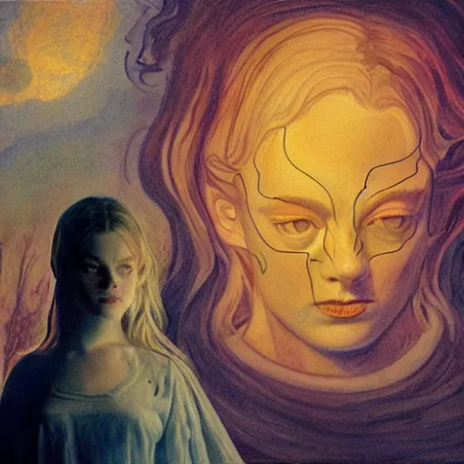 Prompt: Elle Fanning, head and shoulders masterpiece, apocalypse, golden hour, cosmic horror, artstation, in the style of William Blake and Edward Hopper and Bosch, extremely detailed