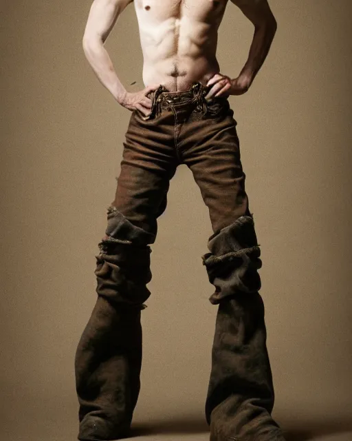 Prompt: an award - winning photo of an ancient male model wearing a plain boot cut flared distressed medieval designer mensweartrousers designed by alexander mcqueen, 4 k, studio lighting, wide angle lens, 2 0 0 4