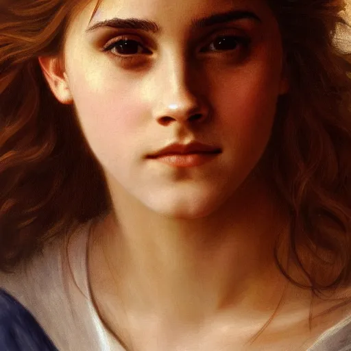 Image similar to Painting of Emma Watson as Hermione Granger. Extreme close up. Art by william adolphe bouguereau. During golden hour. Extremely detailed. Beautiful. 4K. Award winning.