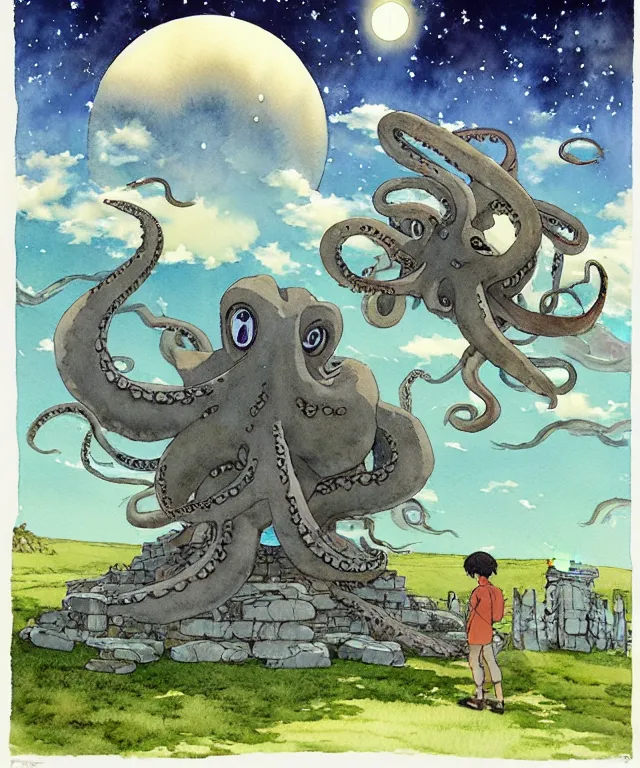 Image similar to a hyperrealist studio ghibli watercolor fantasy concept art. in the foreground is a giant grey octopus lifting and putting stones in to place on top of stonehenge with a starry sky. by rebecca guay, michael kaluta, charles vess