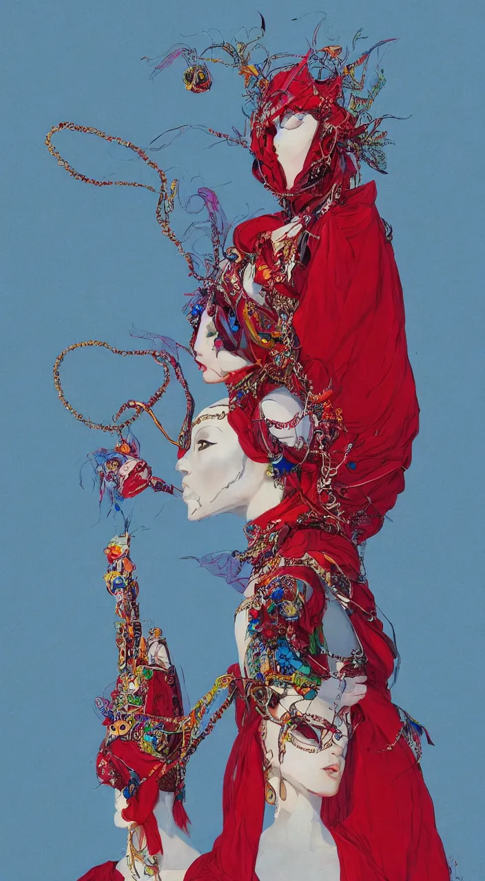 Image similar to a female character design wearing high fashion, beads hanging over her face like an alexander mcqueen headdress, costume by eiko ishioka, haute couture, dior, and a red cape by moebius, steven outram, colourful and psychedelic, hd, 8 k, artstation, high quality, ultra detailed