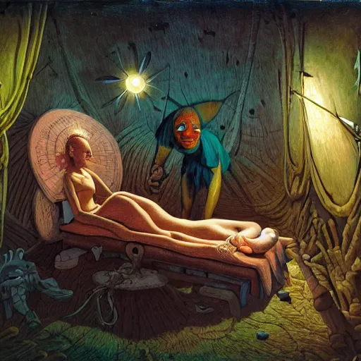 Prompt: primitive extraterrestrial villagers at bedside of severely injured unconscious short - haired blond woman, inside primitive hut, dramatic lighting, illustration, fantastic planet, ron cobb, mike mignogna, jim henson creature shop, science fiction, detailed painting, high detail, coherent, rough paper