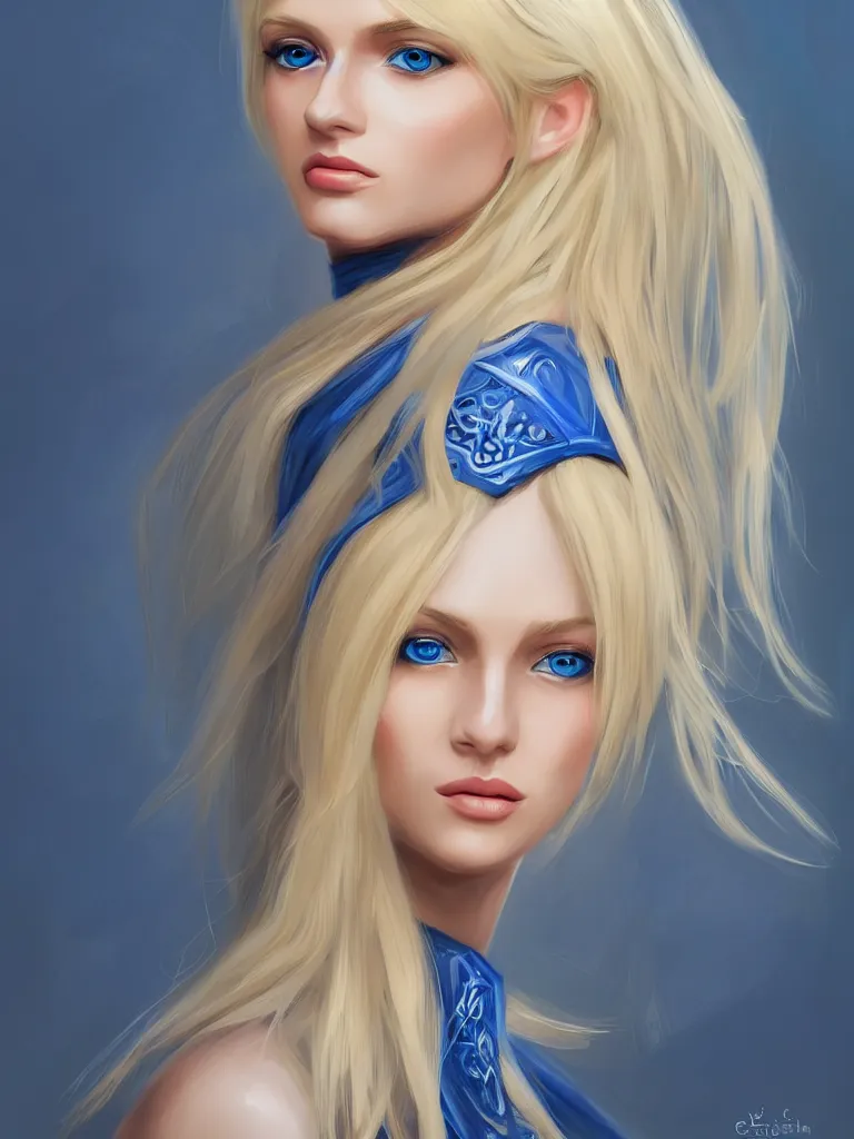 Image similar to A beautiful blonde Slavic woman in her early 30’s, highly detailed full body, beautiful blue eyes, detailed, wearing fancy clothes, highly detailed figure, epic composition, ultra wide-shot, dynamic pose, concept art, beautifully lit, digital painting, smooth, desaturated color theme, character design, sharp focus, elegant, intricate, post processing, artstation, by WLOP, James Jean, Victo Ngai, ryohei hase