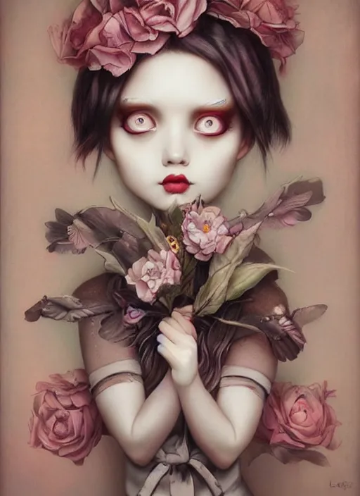 Prompt: pop surrealism, lowbrow art, realistic cute sitting alice girl painting, japanese street fashion, hyper realism, muted colours, rococo, natalie shau, loreta lux, tom bagshaw, mark ryden, trevor brown style,