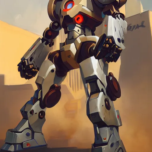 Image similar to greg manchess portrait painting of armed mecha ironman as overwatch character, medium shot, asymmetrical, profile picture, organic painting, sunny day, matte painting, bold shapes, hard edges, street art, trending on artstation, by huang guangjian and gil elvgren and sachin teng