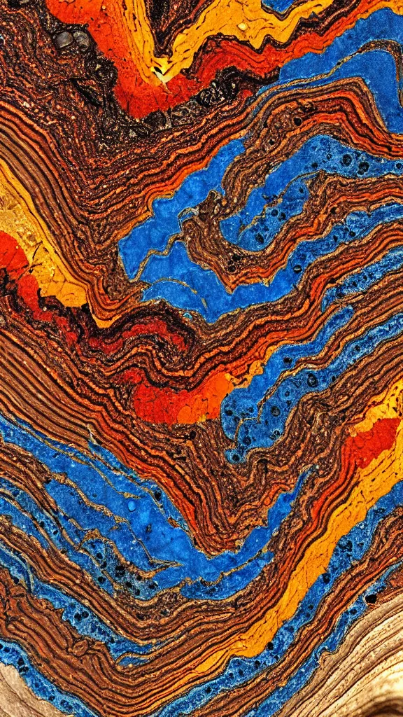 Prompt: vivid color, folded, tessellated planes of rock, alien sedimentary schematic, igneous rock, marbled veins, macro photography, 3D!!! diorama!!!!!!, depth of field with a patina of inlaid circuitry, layers of strata, mineral grains, dramatic lighting, rock texture, sand by James jean, geology, octane render in the style of Luis García Mozos