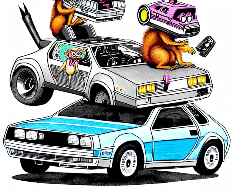 Image similar to cute and funny, ( ( ( ( ( ( racoon ) ) ) ) ) ) wearing a helmet riding in a tiny silver color hot rod dmc delorean with oversized engine, ratfink style by ed roth, centered award winning watercolor pen illustration, colorful isometric illustration by chihiro iwasaki, edited by range murata