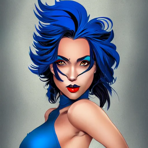 Image similar to a stunning upper body portrait of a beautiful woman with raven blue hair blowing in the wind by marvel comics, digital art, trending on artstation