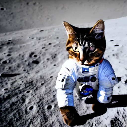 Prompt: cat wearing astronaut suit on the moon planet earth in the background sigma 1 4 mm f / 1. 8 astroied belt