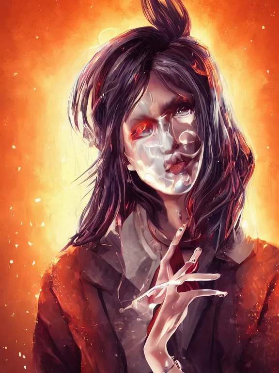 Image similar to digital illustration of a girl with eyes that burn like cigarettes wearing a short skirt and a long jacket with fingernails that shine like justice, dramatic lighting, photorealistic, extreme detail, 4 k, colorful, artgerm