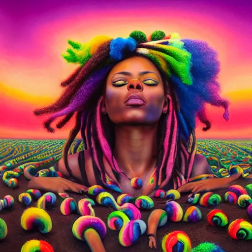 Image similar to a wide angle shot of a black girl with colorful dreadlocks in a field of candy, by Adi granov and afarin sajedi and amanda sage and evgeni gordiets and Agostino Arrivabene and adonna khare in a psychedelic portrait style, ultrarealistic matte painting, volumetric lighting, fractal, extremely symmetrical, highly detailed face, orisha, 8k, hd