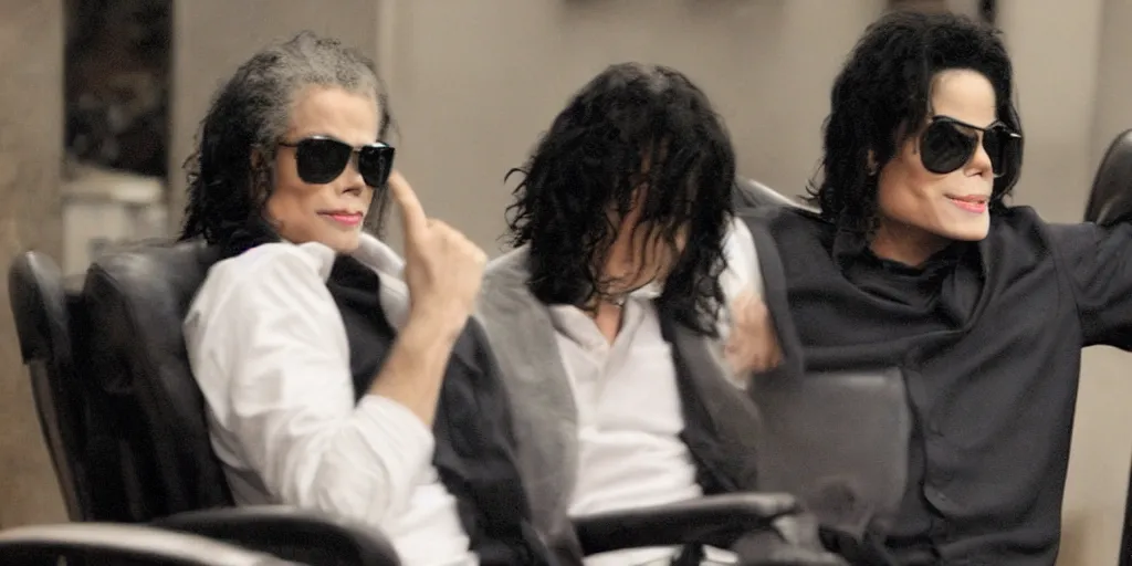 Prompt: michael jackson 2 0 0 9 wearing shades, alone, this is it style, photo real, skin, motion blur, sitting in a chair, by himself, real life, spotted, leaked, ultra realistic face, accurate, 4 k, movie still, uhd, sharp, detailed, cinematic, render, modern