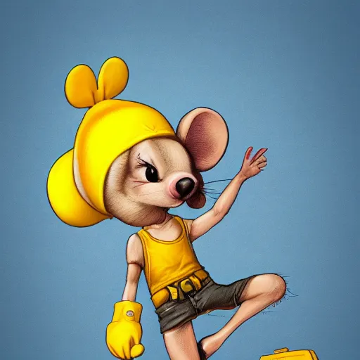 Image similar to anthropomorphic mouse wearing denim short shorts and yellow tank top, highly detailed, artgerm style, artstation, soft light, sharp focus, illustration, character design, concept art