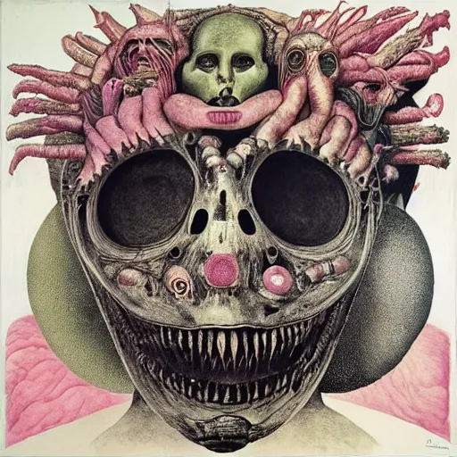 Image similar to post - punk new age album cover, magic, apocalypse, psychedelic, black white pink, magic, giger h. r., giuseppe arcimboldo