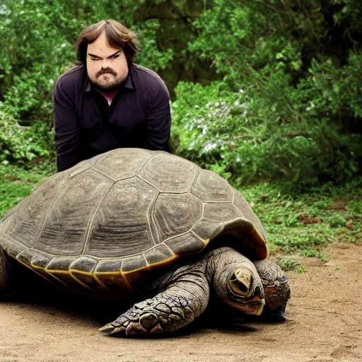 Prompt: jack black kissing a giant turtle, national geographic photo, 8 k