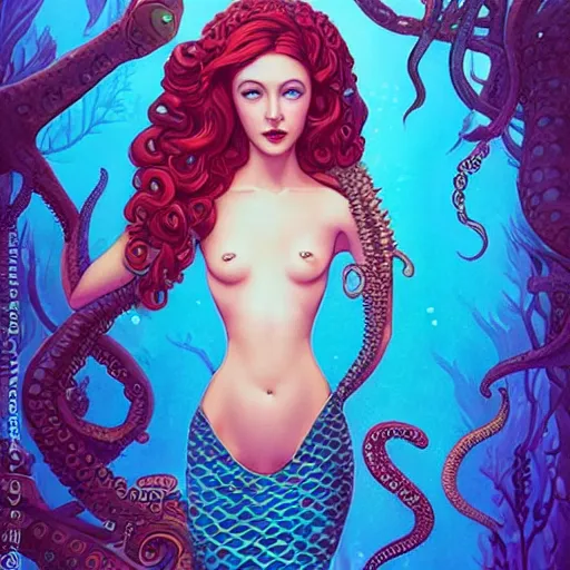 Prompt: lofi underwater mermaid portrait with an octopus, Pixar style, by Tristan Eaton Stanley Artgerm and Tom Bagshaw.