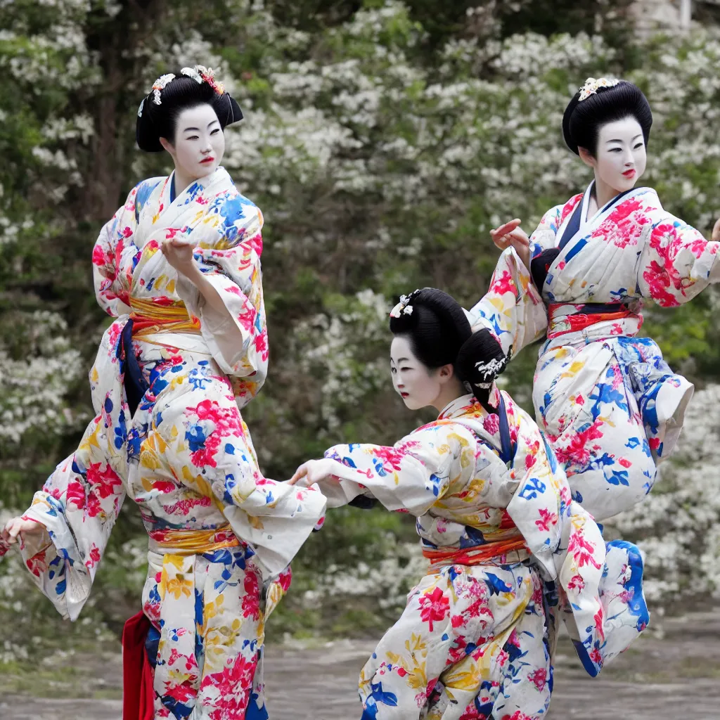 Image similar to Photo of geisha wearing kimono and playing basketball