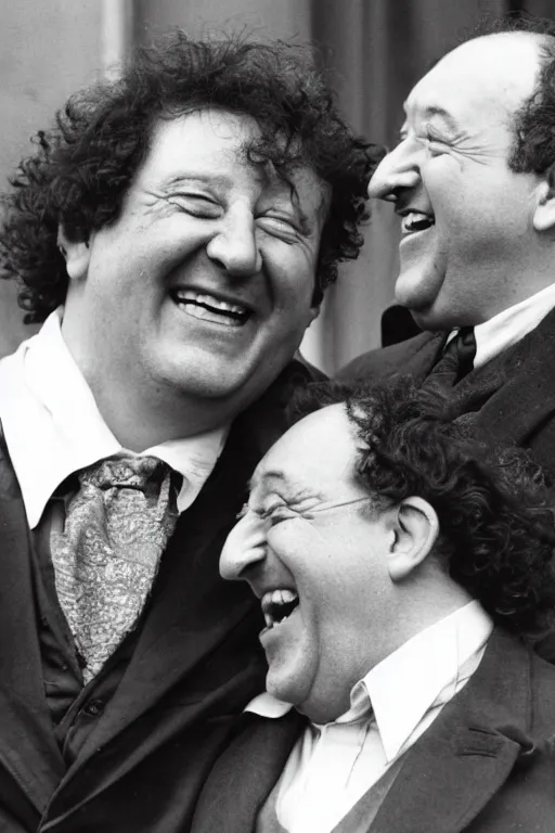 Prompt: close - up, photography of coluche and pierre desproges laughing, clouds everywhere