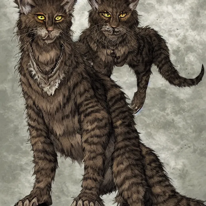 Image similar to khajit tabaxi catfolk humanoid with maine coon features black fur with a scar on the left eye and holding two shortswords cloaked in shadow and wearing hooded leather armor agile, dungeons and dragons, fantasy, tarot card style, high detail, hyper realistic