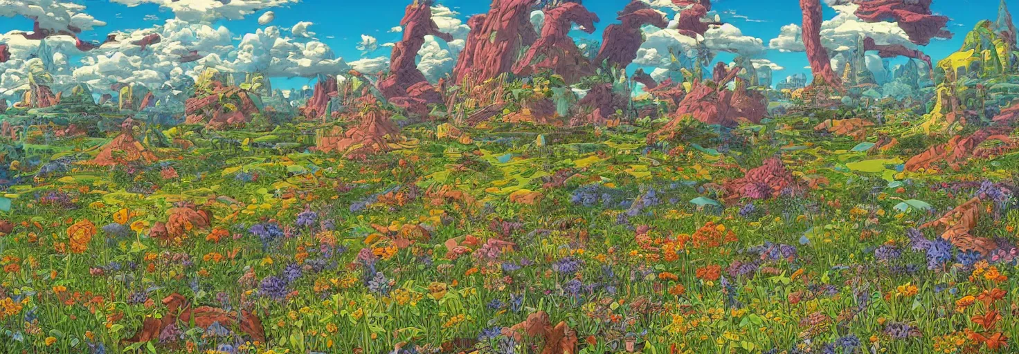 Image similar to beautiful landscape mural of the lush meadow of monoliths, vivid colors, intricate, highly detailed, masterful, fantasy world, sci fi world, in the style of moebius, akira toriyama, jean giraud