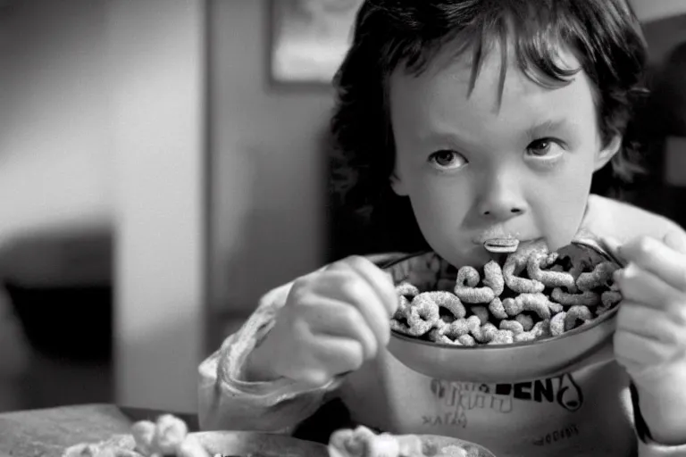 Prompt: E.T. eating a bowl of Cheerios cereal black and white Spielberg 35mm film cinematic 4k