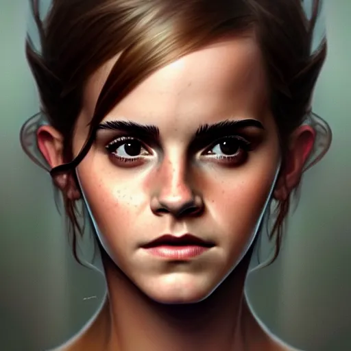 Prompt: emma watson robotic portrait of forest gog, male, clear face, symetrical, masculine, full body, muscular, fantasy, intricate, elegant, highly detailed, digital painting, artstation, concept art, matte, sharp focus, illustration, art by artgerm and greg rutkowski and alphonse mucha