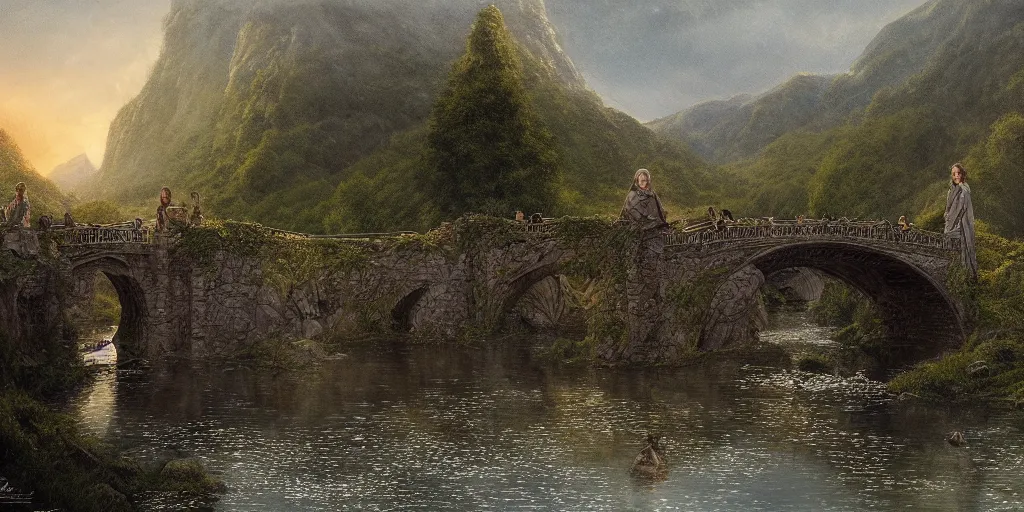 Image similar to Arwen and Aragorn at the bridge in Rivendell in the evening, detailed matte painting, cinematic, Alan Lee, Artstation