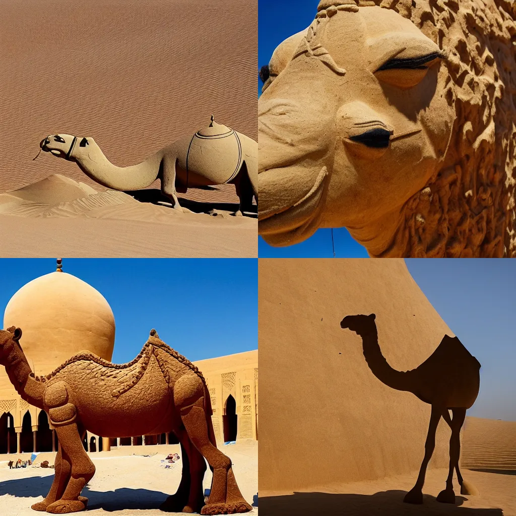 Prompt: a monument of a camel made of sand inflates with the wind against the backdrop of a mosque, Arab style,