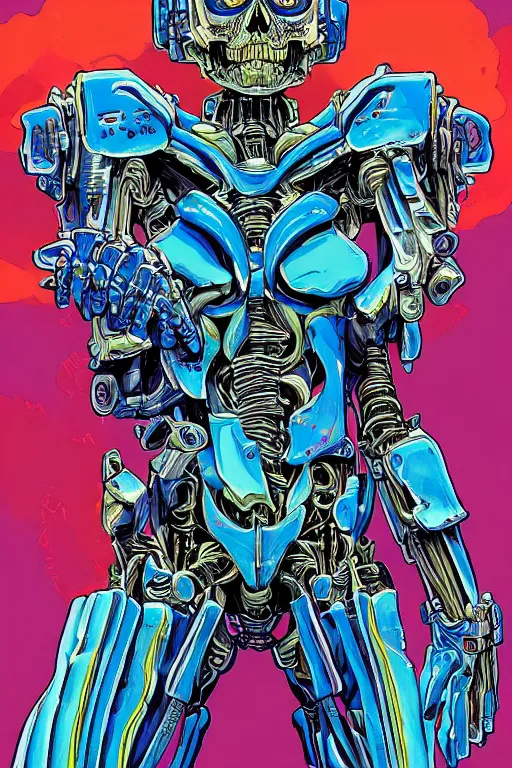 Image similar to comic art of a fluorescent ultra-detailed portrait art of mecha skeleton, by dan mumford and Junji Ito,, zx spectrum color palette, anatomy, only two hands, highly detailed, digital painting, artstation, concept art, smooth, sharp focus, illustration, Unreal Engine 5, 8K, art by art by artgerm and greg rutkowski and edgar maxence