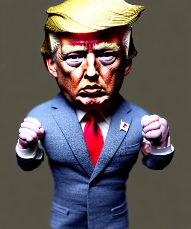 Image similar to hyperrealistic mixed media painting of Donald Trump as a doll, stunning 3d render inspired art by P. Craig Russell and Barry Windsor-Smith + perfect facial symmetry + dim volumetric lighting, serious expression, 8k octane beautifully detailed render, post-processing, extremely hyperdetailed, intricate, epic composition, cinematic lighting + masterpiece, trending on artstation, very very detailed, masterpiece, stunning