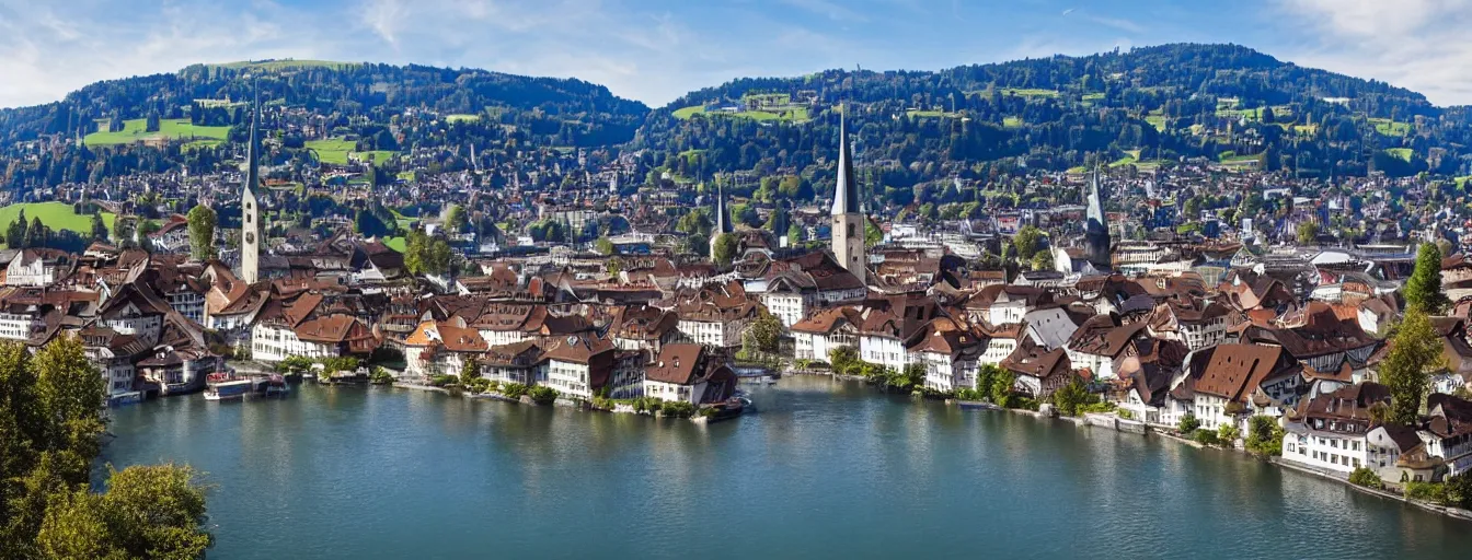 Image similar to Photo of Zurich, looking down the Limmat at the lake and the alps, Hardturm, Grossmünster, Lindenhof, Üetliberg, wide angle, volumetric light, hyperdetailed, light blue water, artstation, cgsociety, 8k